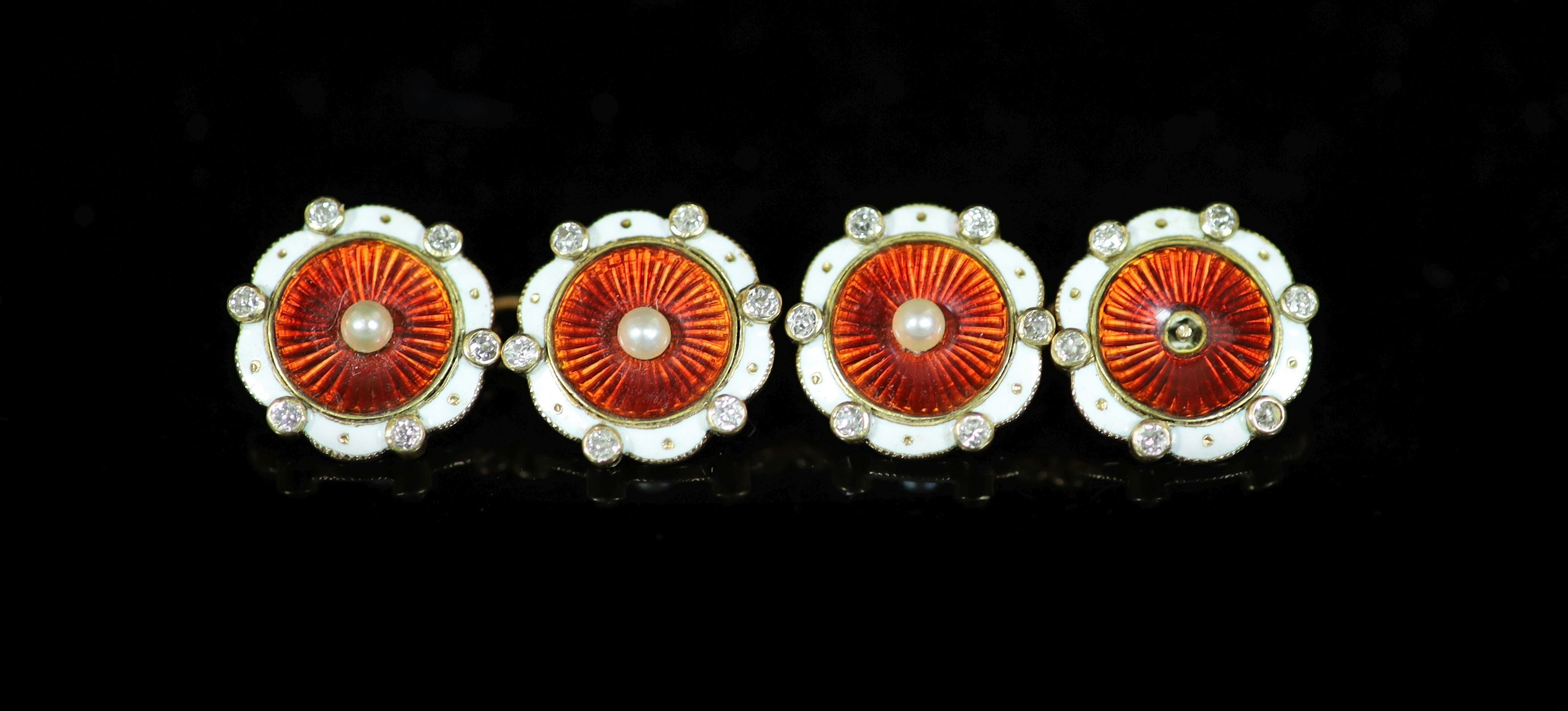 A pair of early 20th century gold, two colour enamel, seed pearl and diamond set cufflinks
